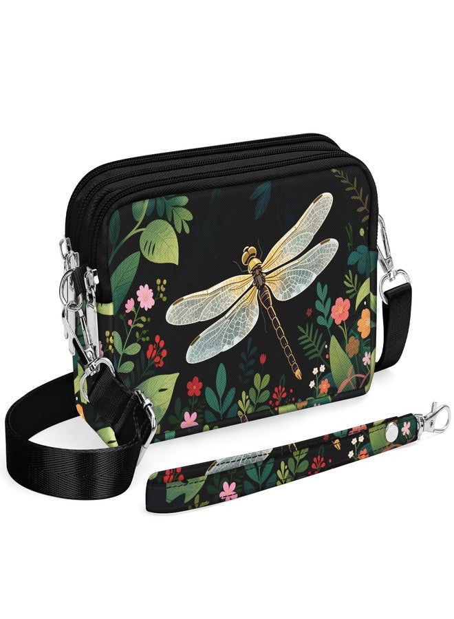 YINHEXI Small Crossbody Bag for Women Small Shoulder Handbags Nylon Quilted 3 Zippers Cell Phone Wallet Bag Purse for Women (Black Dragonfly) - Image 1