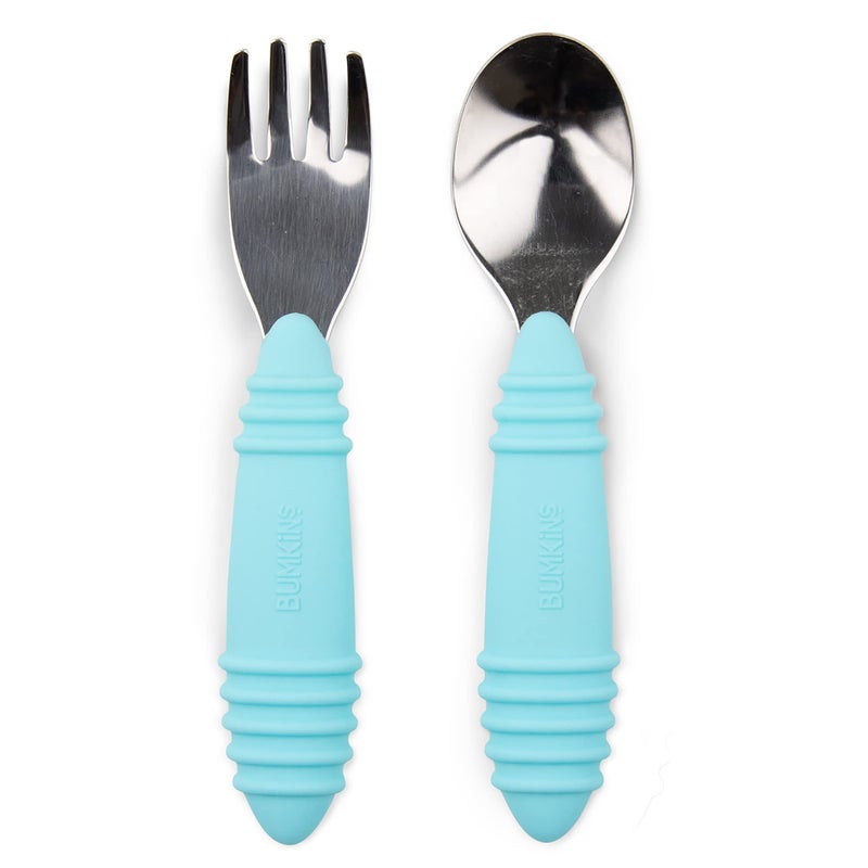 Bumkins Toddler Utensils  Kids Size Fork And Spoon Set  Silicone And Stainless-Steel Training Silverware  Angled Forks / Sporks For Self-Feeding  Children Hold Learning To Eat  18 Months Up  Blue - Image 1