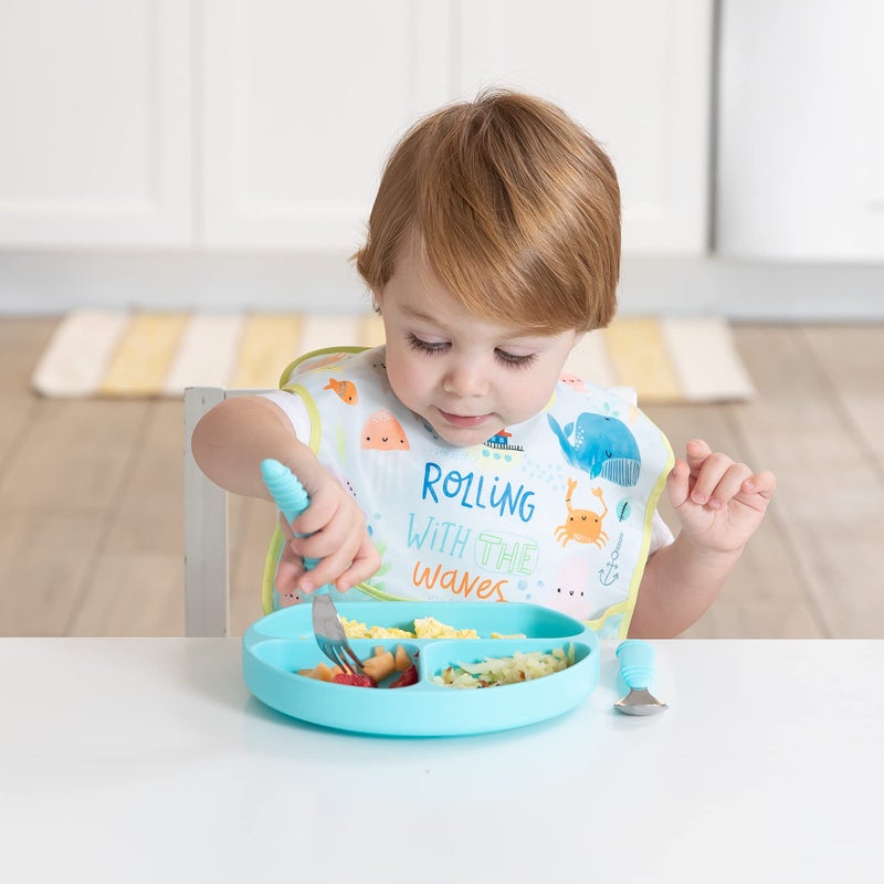 Bumkins Toddler Utensils  Kids Size Fork And Spoon Set  Silicone And Stainless-Steel Training Silverware  Angled Forks / Sporks For Self-Feeding  Children Hold Learning To Eat  18 Months Up  Blue - Image 5