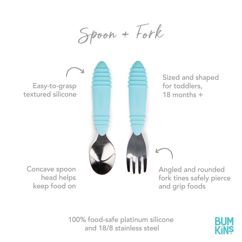 Bumkins Toddler Utensils  Kids Size Fork And Spoon Set  Silicone And Stainless-Steel Training Silverware  Angled Forks / Sporks For Self-Feeding  Children Hold Learning To Eat  18 Months Up  Blue - Image 2