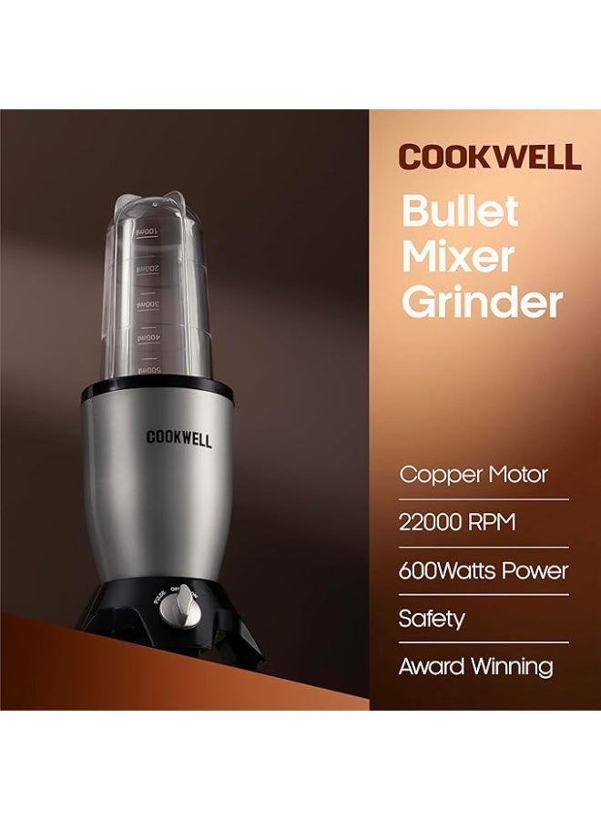 Cookwell Bullet Mixer Grinder (3 Jar, 2 Blade, Silver) - Copper, 600 Watts - 2 Year Warranty - Image 1
