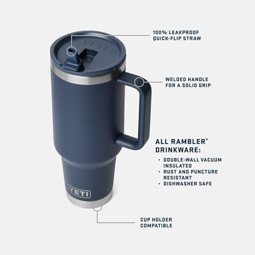 YETI Rambler 40 oz Travel Mug with Flip Straw Lid Stainless Steel Vacuum Insulated Leakproof Cup Holder Friendly Navy - Image 3
