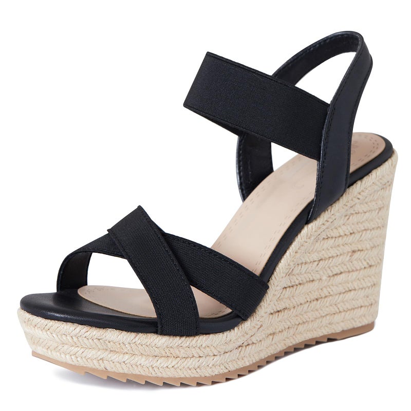 mikarka Women's Open Toe Espadrilles Wedge Sandal Slip On Elastic Ankle Strap Platform Sandals Dressy Comfortable Wedges Shoe Black Size 7 - Image 1