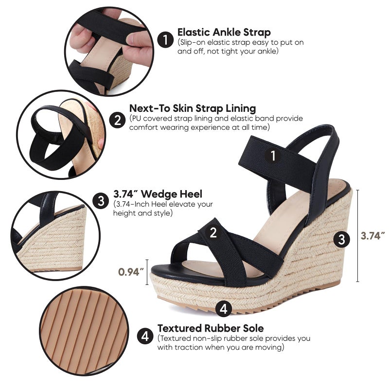 mikarka Women's Open Toe Espadrilles Wedge Sandal Slip On Elastic Ankle Strap Platform Sandals Dressy Comfortable Wedges Shoe Black Size 7 - Image 4