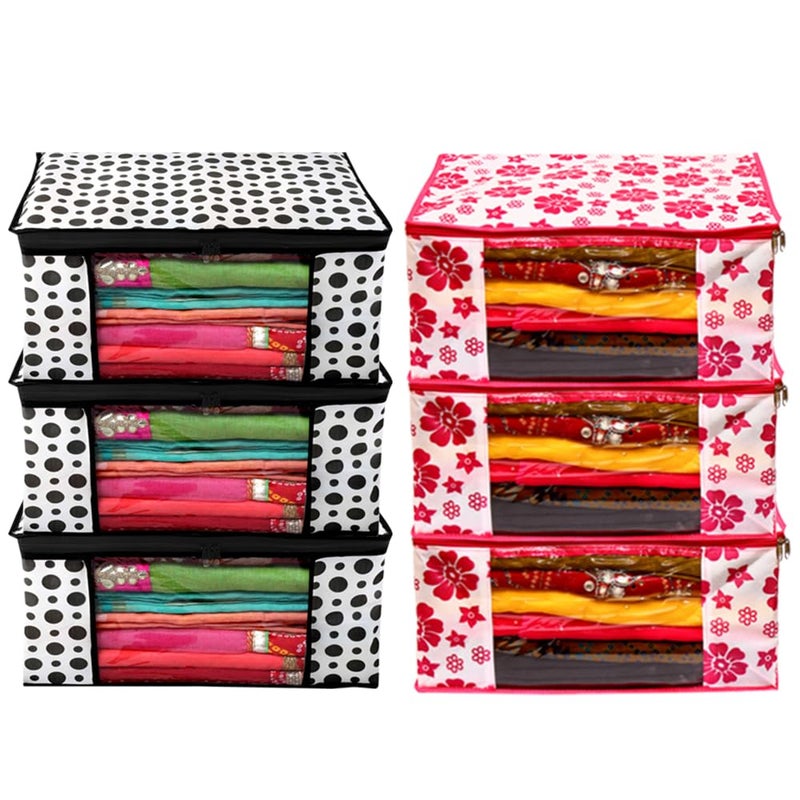 Non Woven Aaron Inc Combo Saree Cover Clothes Organiser For Wardrobe With Transparent Window Zip Clothes Storage Bag For Lehenga Suit For Clothes 3 Pink 3 Polka Saree Bag - Image 1