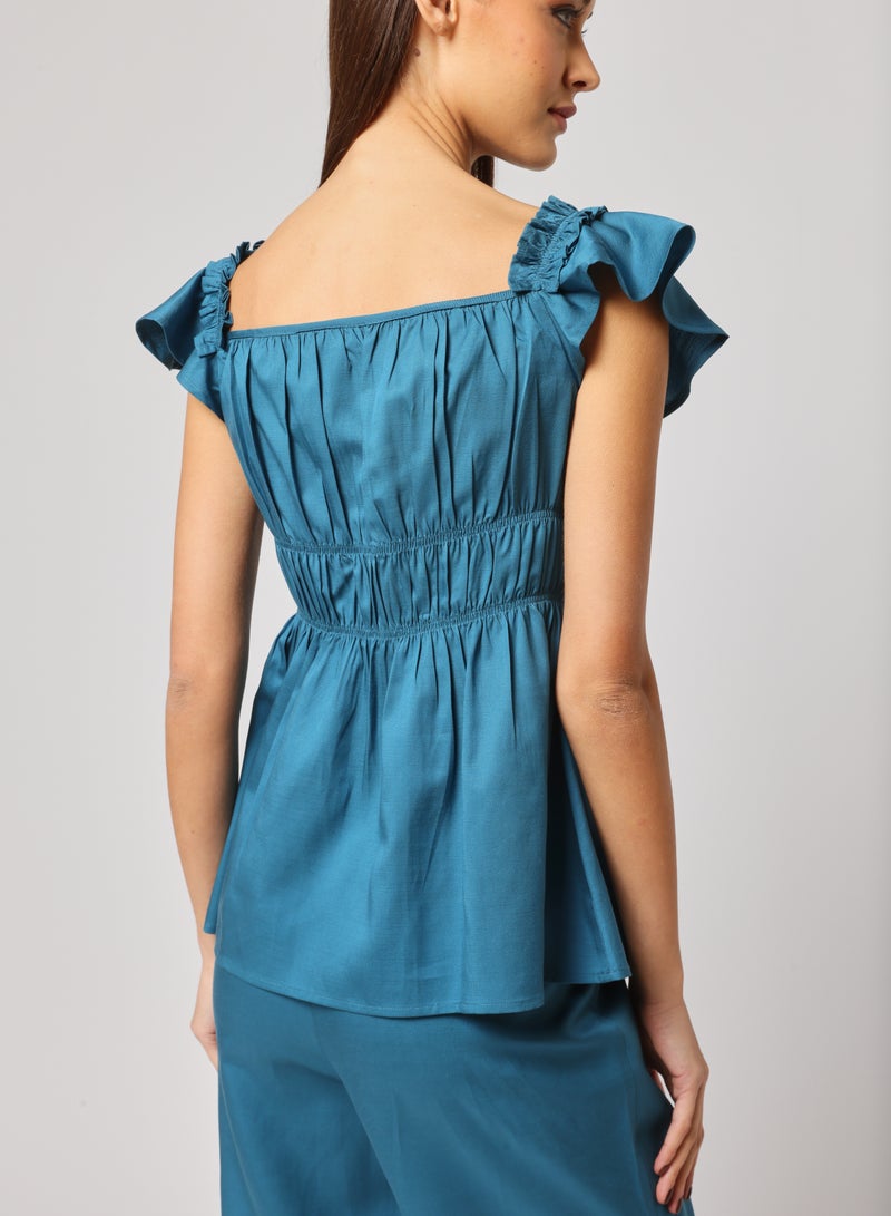 Ashita Fernandes Ashita Fernandes Nad Ki Kahani Top for Women – Gathered Neckline Top with Ruffle Sleeves & Peplum Waist | Straight-Leg Pants with Elastic Waistband & Deep Pockets | Premium Linen Blend Comfort & Style, Blue Colour  - Image 3