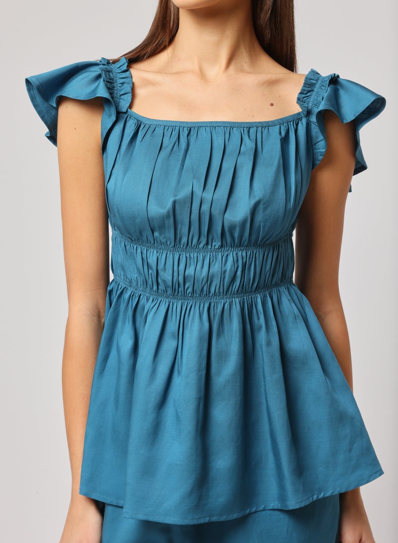 Ashita Fernandes Ashita Fernandes Nad Ki Kahani Top for Women – Gathered Neckline Top with Ruffle Sleeves & Peplum Waist | Straight-Leg Pants with Elastic Waistband & Deep Pockets | Premium Linen Blend Comfort & Style, Blue Colour  - Image 4