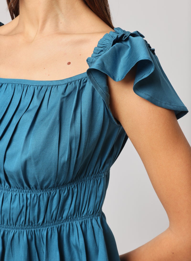 Ashita Fernandes Ashita Fernandes Nad Ki Kahani Top for Women – Gathered Neckline Top with Ruffle Sleeves & Peplum Waist | Straight-Leg Pants with Elastic Waistband & Deep Pockets | Premium Linen Blend Comfort & Style, Blue Colour  - Image 5