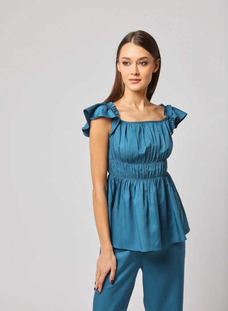 أشيتا فرنانديز Ashita Fernandes Nad Ki Kahani Top for Women – Gathered Neckline Top with Ruffle Sleeves & Peplum Waist | Straight-Leg Pants with Elastic Waistband & Deep Pockets | Premium Linen Blend Comfort & Style, Blue Colour