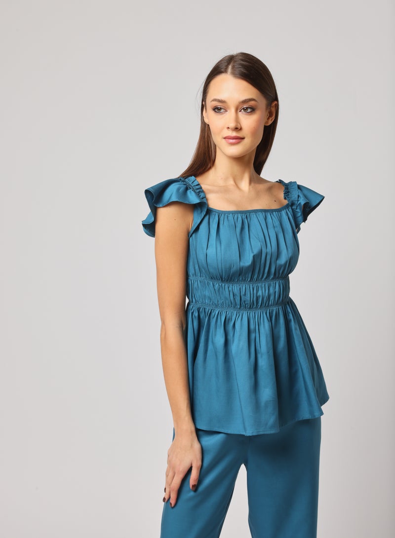 Ashita Fernandes Ashita Fernandes Nad Ki Kahani Top for Women – Gathered Neckline Top with Ruffle Sleeves & Peplum Waist | Straight-Leg Pants with Elastic Waistband & Deep Pockets | Premium Linen Blend Comfort & Style, Blue Colour  - Image 2