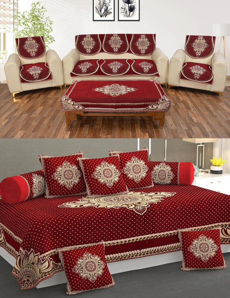 MULTITEX Heavy Chenille Velvet Sofa Cover with diwan Set and Table Cover Combo Set of 21 psMaroon - Image 1