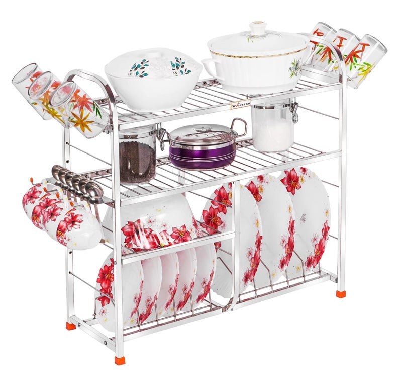 WINSTAR Stainless Steel 4 Shelf Wall Mount Kitchen Utensils Rack | Dish Rack with Plate & Cutlery Stand | Modular Kitchen Storage Rack | Kitchen Organizer | 24 L x24 H inches (Lower Plate) - Image 1