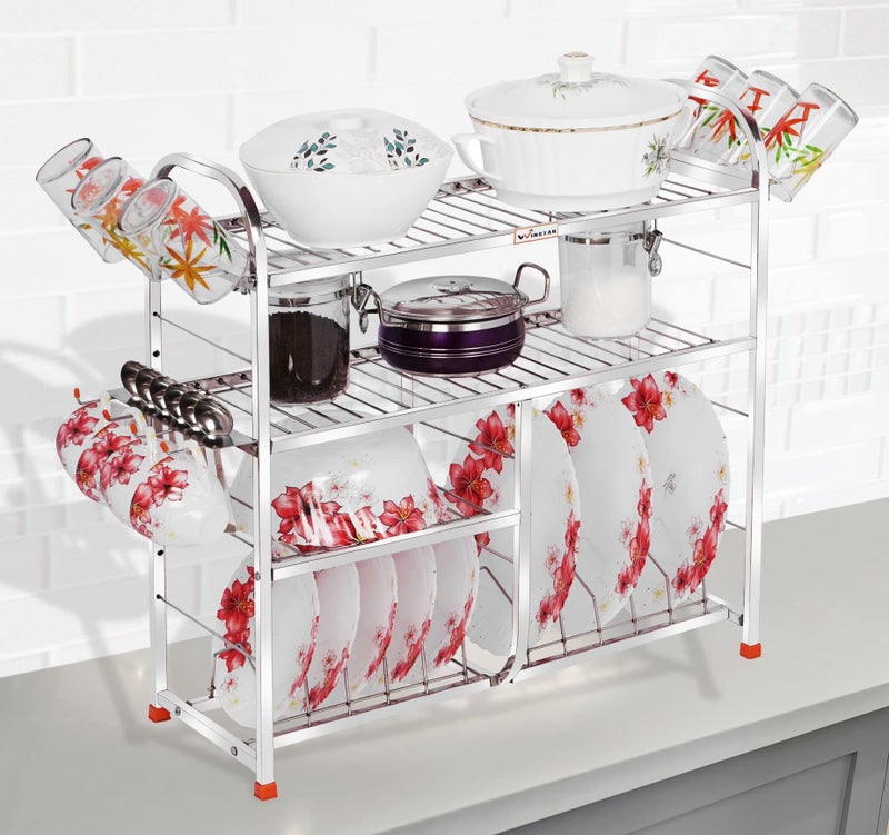 WINSTAR Stainless Steel 4 Shelf Wall Mount Kitchen Utensils Rack | Dish Rack with Plate & Cutlery Stand | Modular Kitchen Storage Rack | Kitchen Organizer | 24 L x24 H inches (Lower Plate) - Image 5