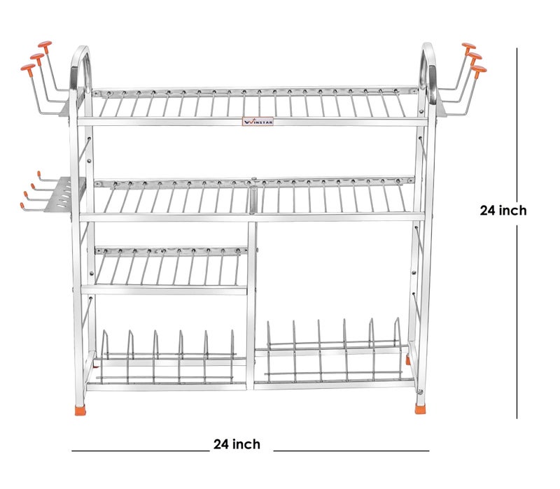 WINSTAR Stainless Steel 4 Shelf Wall Mount Kitchen Utensils Rack | Dish Rack with Plate & Cutlery Stand | Modular Kitchen Storage Rack | Kitchen Organizer | 24 L x24 H inches (Lower Plate) - Image 3