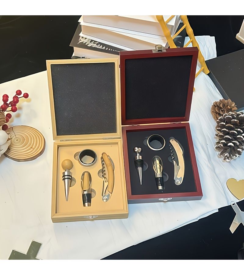 4 Pieces Personalized Wine Opener Gift Box With Light Color Wood Corkscrew Pourer Stopper And Wine Ring For Home Restaurants Bars - Image 3