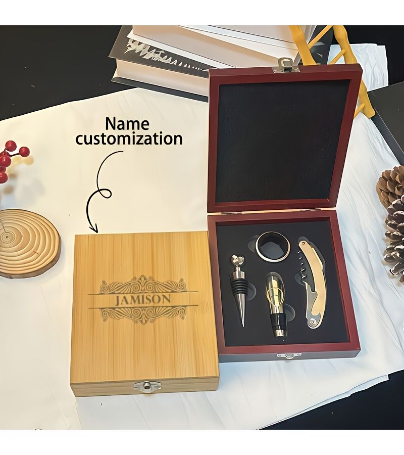 4 Pieces Personalized Wine Opener Gift Box With Light Color Wood Corkscrew Pourer Stopper And Wine Ring For Home Restaurants Bars - Image 1