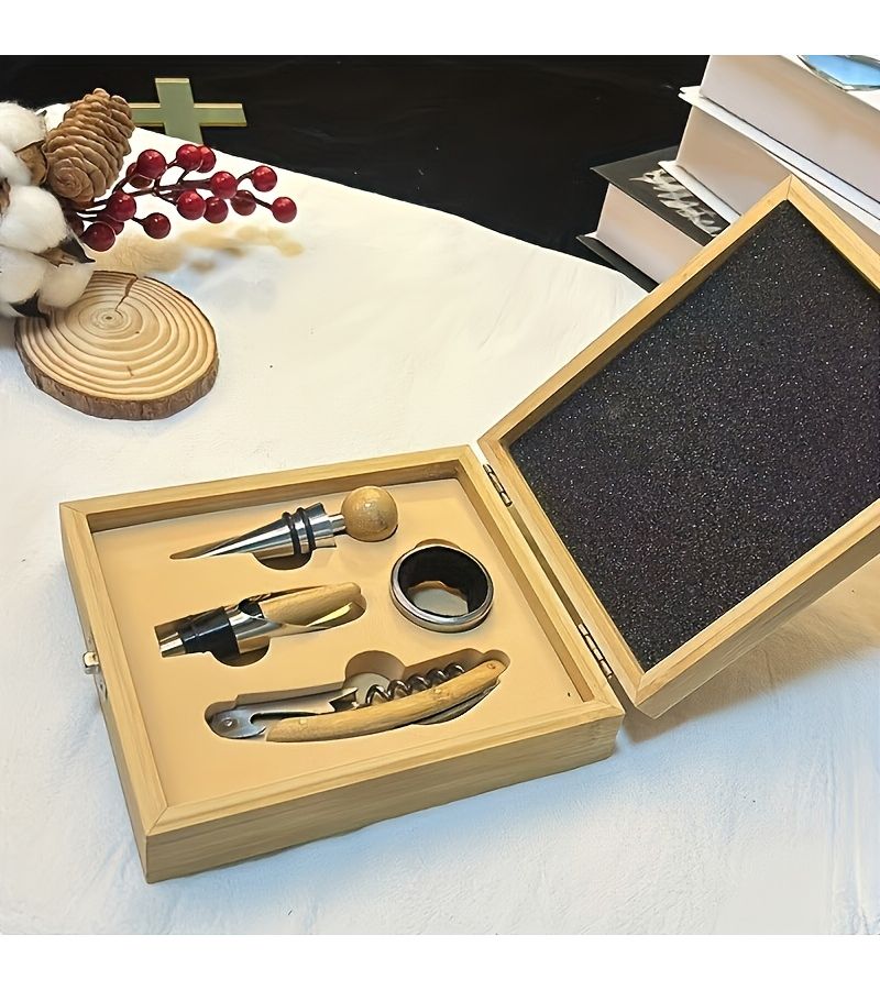 4 Pieces Personalized Wine Opener Gift Box With Light Color Wood Corkscrew Pourer Stopper And Wine Ring For Home Restaurants Bars - Image 2