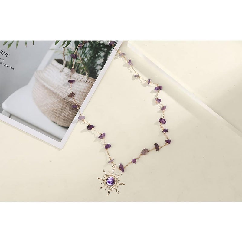 Aktully Crystal Sun Necklace purple for Women 18K Gold Plated Sun Pendant Necklace Natural Stone Crystal Choker Necklace Healing Crystal Necklace Christmas Trendy Jewelry for Women - Image 4
