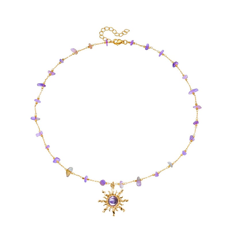 Aktully Crystal Sun Necklace purple for Women 18K Gold Plated Sun Pendant Necklace Natural Stone Crystal Choker Necklace Healing Crystal Necklace Christmas Trendy Jewelry for Women - Image 1
