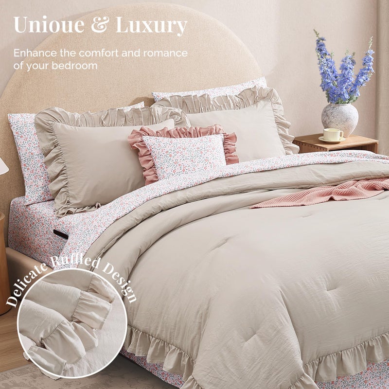 BLOOMHAVEN Queen Comforter Set - 7 Pieces Ruffle Beige Bedding Sets, Shabby Chic Farmhouse Bed in a Bag Queen with Ruffle Comforter, Floral Sheets, Pillowcases & Shams - Image 2