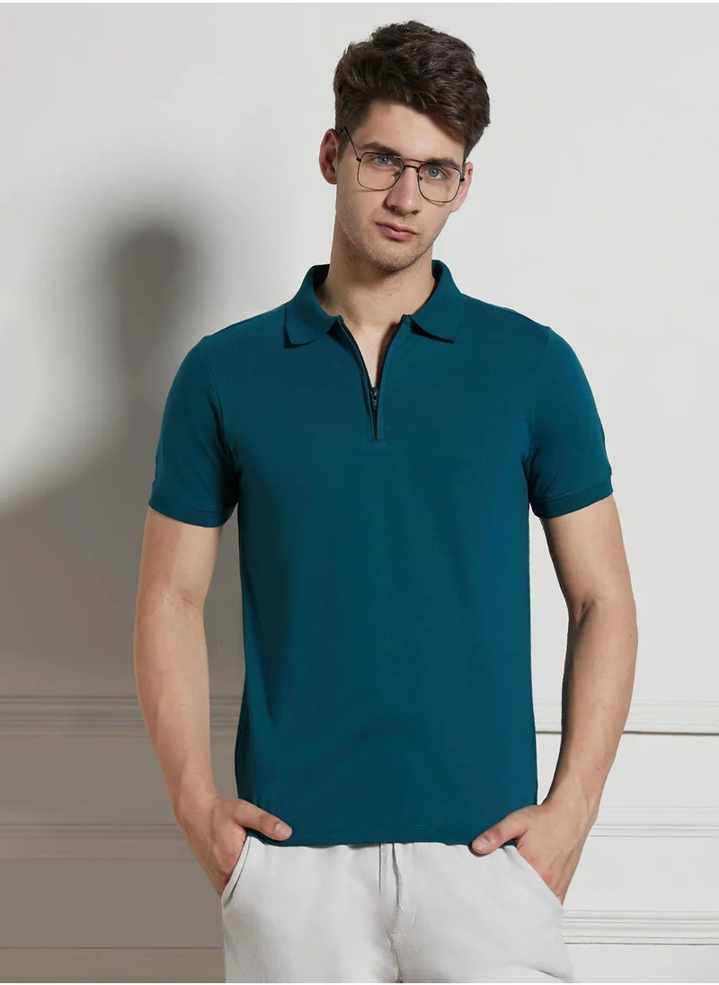 Dennis Lingo Men's Teal Cotton Blend Solid Regular Fit T-Shirt