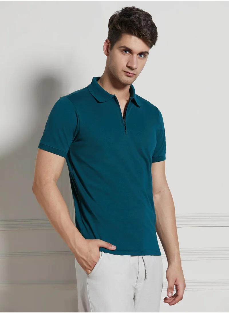 Dennis Lingo Men's Teal Cotton Blend Solid Regular Fit T-Shirt