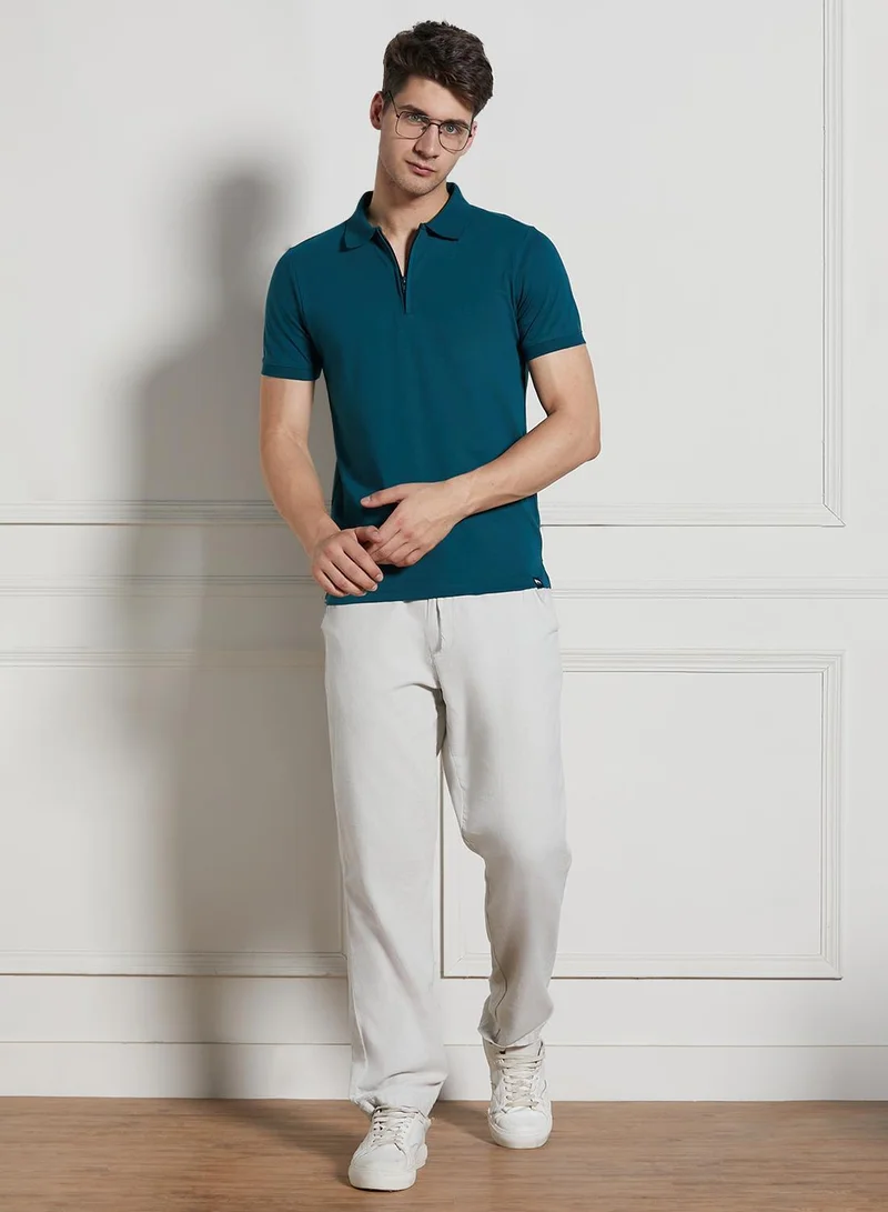 Dennis Lingo Men's Teal Cotton Blend Solid Regular Fit T-Shirt