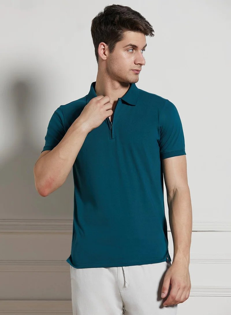 Dennis Lingo Men's Teal Cotton Blend Solid Regular Fit T-Shirt