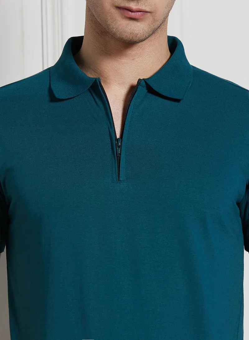 Dennis Lingo Men's Teal Cotton Blend Solid Regular Fit T-Shirt