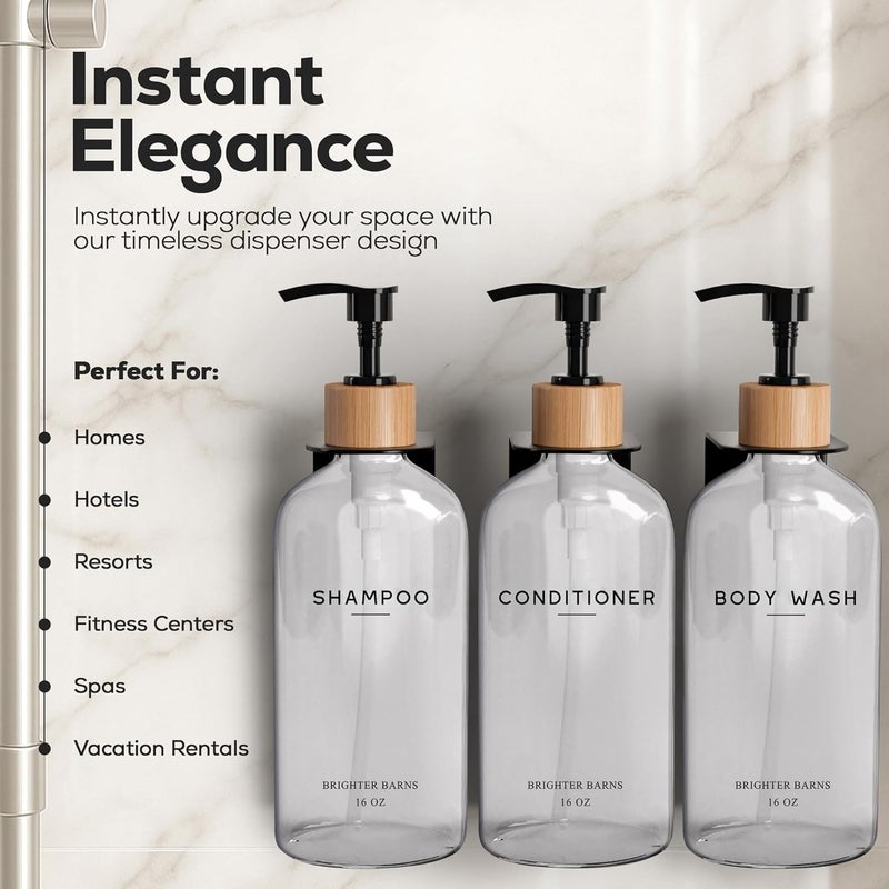 Brighter Barns Clear Shampoo and Conditioner Dispenser Set Wall Mounted by - Plastic Shower Dispenser 3 Chamber No Drill - Refillable Shampoo, Body Wash and Conditioner Bottle for Shower Wall (Clear) - Image 2