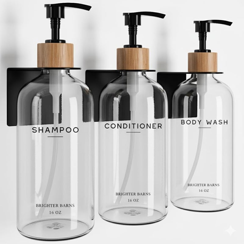 Brighter Barns Clear Shampoo and Conditioner Dispenser Set Wall Mounted by - Plastic Shower Dispenser 3 Chamber No Drill - Refillable Shampoo, Body Wash and Conditioner Bottle for Shower Wall (Clear) - Image 1