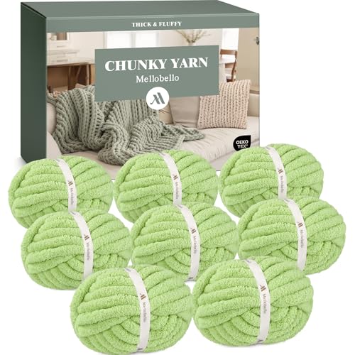 Mellobello Jumbo Chunky Yarn for Hand Knitting - Super Thick Chenille Chunky Yarn for Crocheting - Extra Soft Bulky Fluffy Blanket Big Yarn 8 Jumbo Pack (27yds,8 oz Each Skein) Grass Green - Image 1