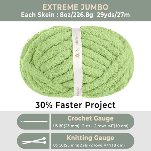 Mellobello Jumbo Chunky Yarn for Hand Knitting - Super Thick Chenille Chunky Yarn for Crocheting - Extra Soft Bulky Fluffy Blanket Big Yarn 8 Jumbo Pack (27yds,8 oz Each Skein) Grass Green - Image 4