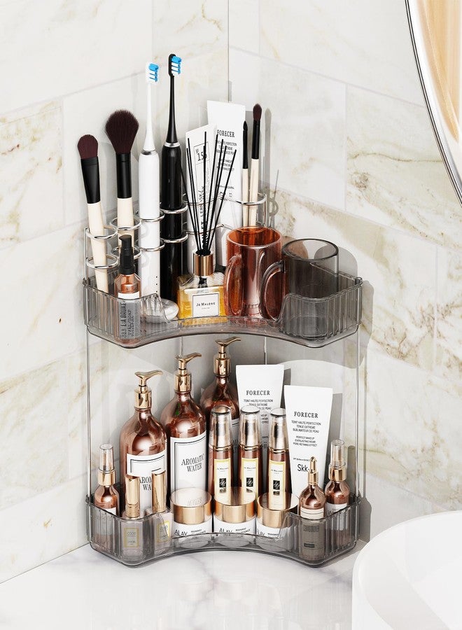 Asayuee 2-Tier Corner Bathroom Counter Organizer with Top Toothbrush Holders,Large Makeup Organizer Countertop with Brush Holder,Skincare Organizers Corner,Exquisite Vanity Organizer (Gray, 2 Tier) - Image 4