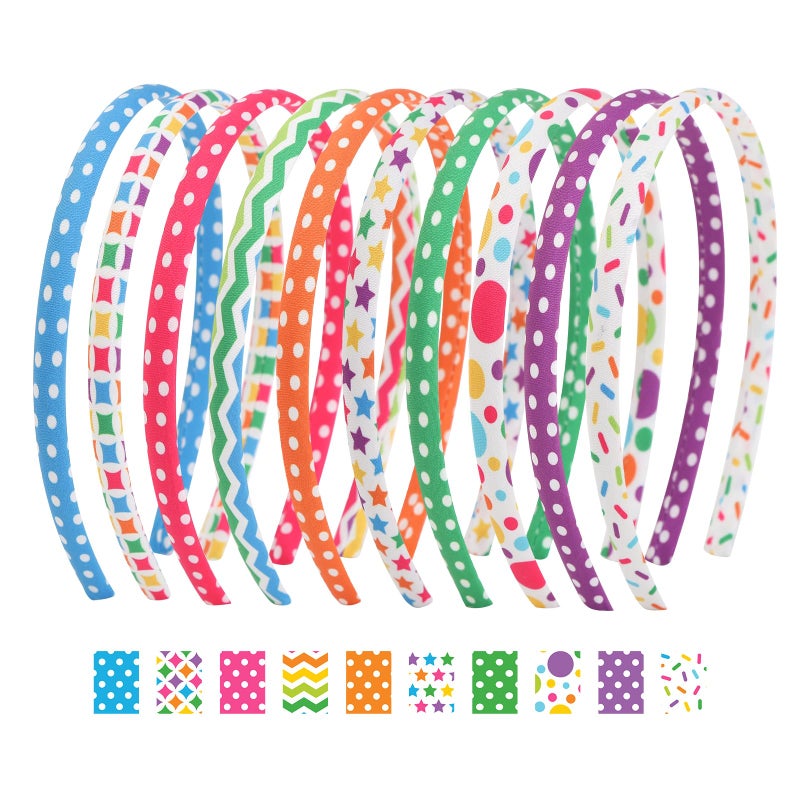 Fishdown Headbands for Girls 10Pcs Thin Head Bands for Children Skinny Hairbands for Toddler Floral Fabric Cloth Covered Headband for Kids Party Favors - Image 1