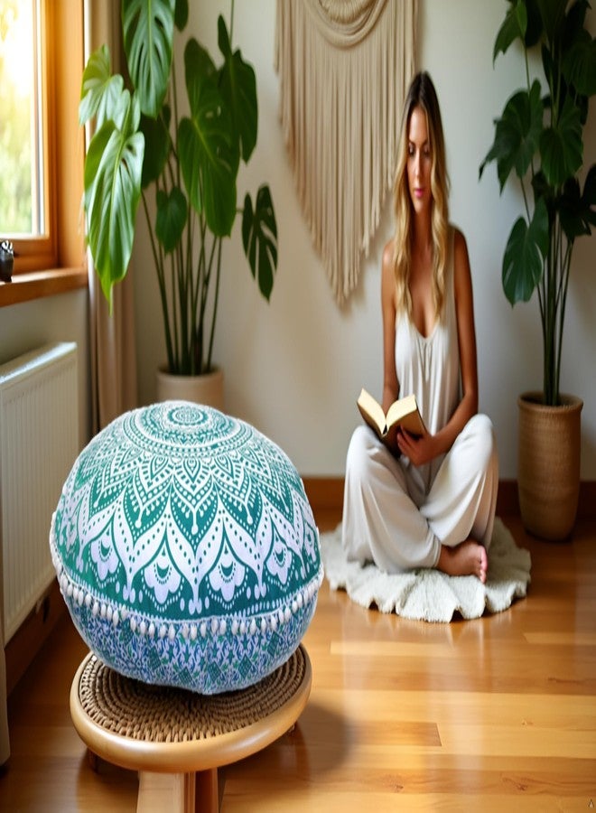 CRAFT KALA 32 Inch Meditation Floor Pillow Cover Round Pillow Seating Hippie Decorative Adults Bohemian Mandala Cushion Cover Outdoor Living Room Throw Ottoman Poufs Cover (Green Ombre) - Image 2
