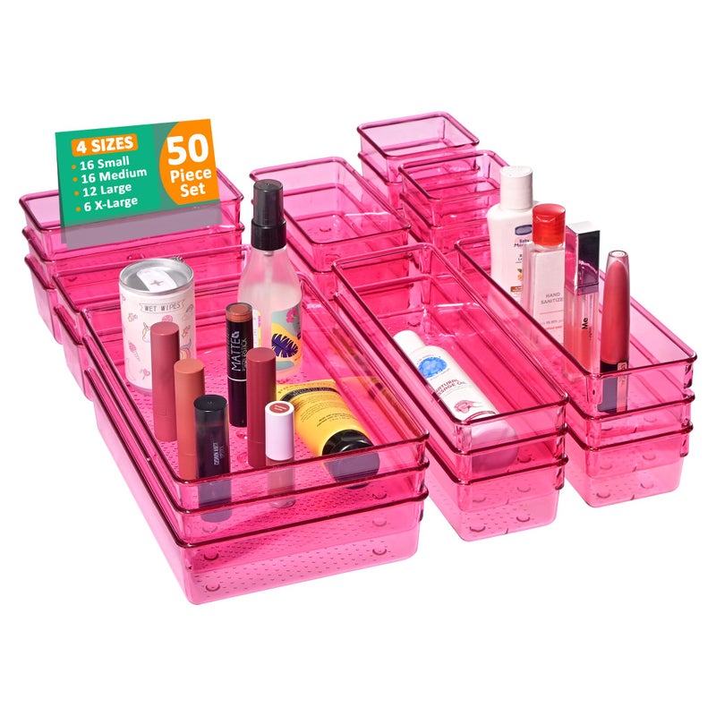 Kuber Industries Acrylic Set of 50 Transparent Cosmetic Organizer Tray | Drawers Organisers for Kitchen, Office and Bathroom Vanity Makeup | Stationery Storage Drawer Divider Tray | Pink - Image 1