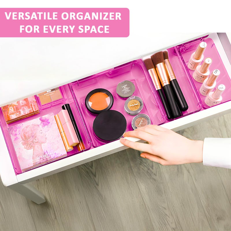 Kuber Industries Acrylic Set of 50 Transparent Cosmetic Organizer Tray | Drawers Organisers for Kitchen, Office and Bathroom Vanity Makeup | Stationery Storage Drawer Divider Tray | Pink - Image 4