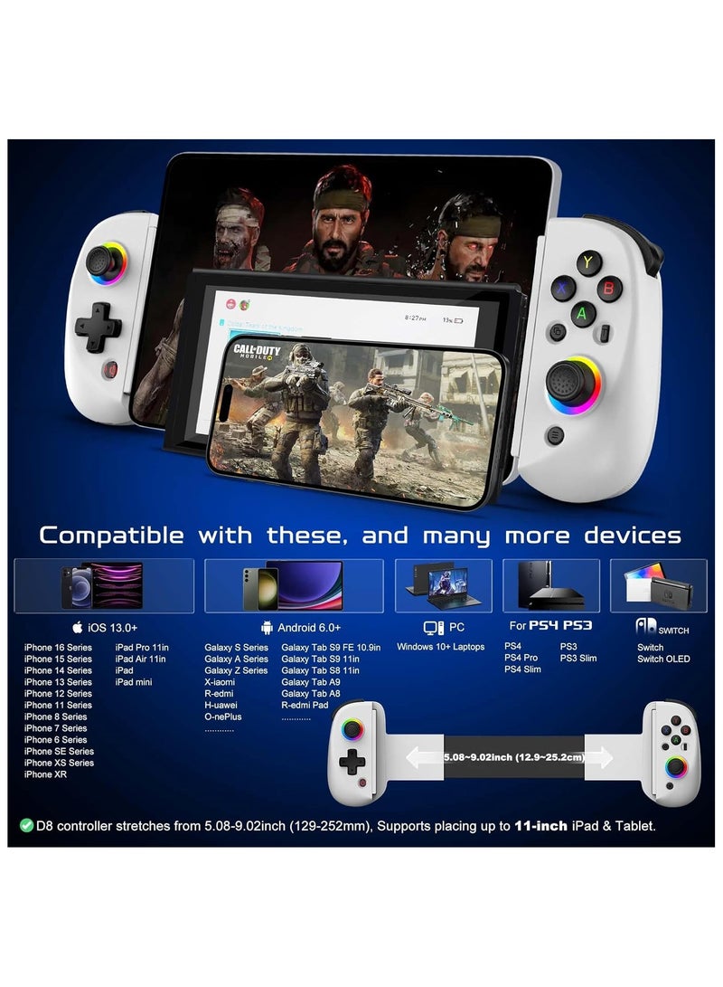 general D8 Mobile Gaming Controller for iPhone/iPad/Tablet, Android Wireless Controller with Hall Effects Joysticks, Support PC/Switch, Play Cloud Games/PS Remote Play/COD/Genshin Impact  More - White - Image 3