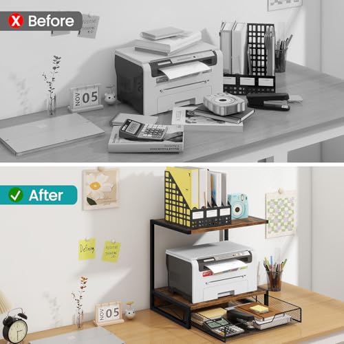 ELITEROO 2-Tier Desktop Printer Stand with Storage Drawer, Wooden Printer Stand for Desk, Small Printer Table with Shelf for Home Office, Fits Fax Machine, Scanner, 3D Printer, Rustic Brown - Image 3