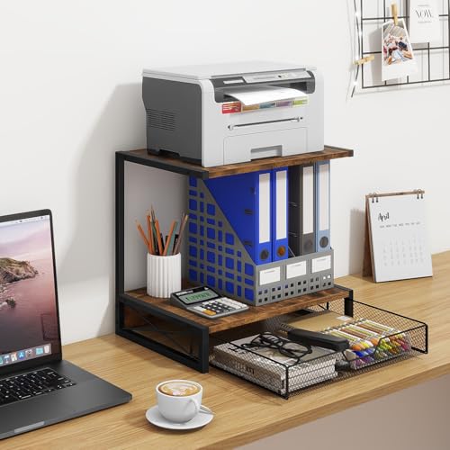 ELITEROO 2-Tier Desktop Printer Stand with Storage Drawer, Wooden Printer Stand for Desk, Small Printer Table with Shelf for Home Office, Fits Fax Machine, Scanner, 3D Printer, Rustic Brown - Image 2