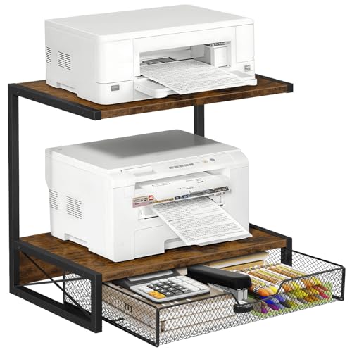 ELITEROO 2-Tier Desktop Printer Stand with Storage Drawer, Wooden Printer Stand for Desk, Small Printer Table with Shelf for Home Office, Fits Fax Machine, Scanner, 3D Printer, Rustic Brown - Image 1