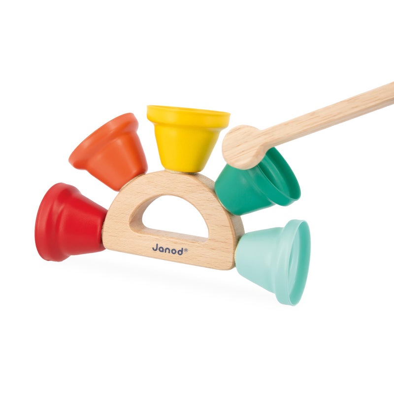 Janod Gioia Wood and Metal Handbell Set â€“ 5-Note Musical Bells on Wooden Holder with Mallet â€“ Early Rhythm & Sound Development for Toddlers (18 moâ€“3 yrs) - J07638 - Image 3