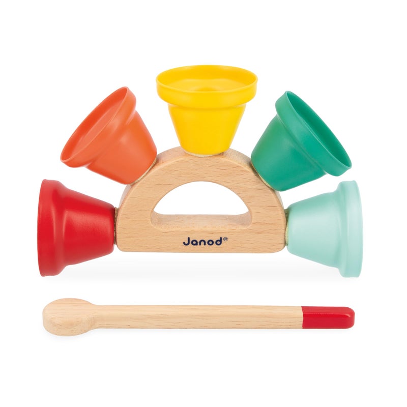 Janod Gioia Wood and Metal Handbell Set â€“ 5-Note Musical Bells on Wooden Holder with Mallet â€“ Early Rhythm & Sound Development for Toddlers (18 moâ€“3 yrs) - J07638 - Image 4