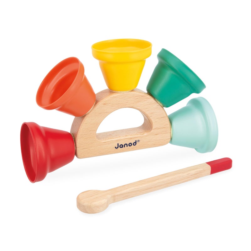 Janod Gioia Wood and Metal Handbell Set â€“ 5-Note Musical Bells on Wooden Holder with Mallet â€“ Early Rhythm & Sound Development for Toddlers (18 moâ€“3 yrs) - J07638 - Image 1