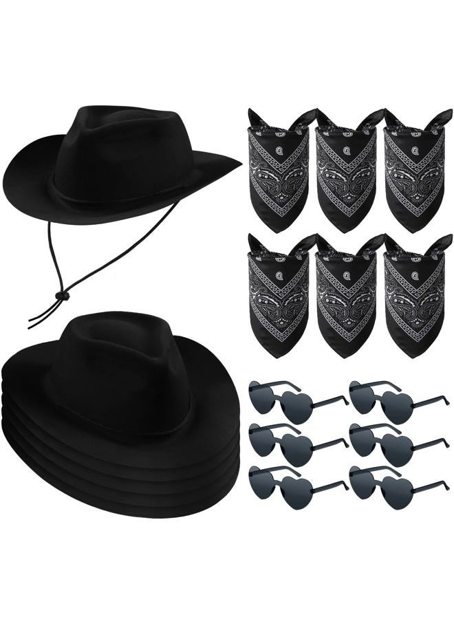 Newcotte 18 Pcs Western Cowboy Hat Set Include 6 Felt Cowgirl Hats 6 Paisley Bandanas 6 Pairs Heart Glasses for Party Costume(Black) - Image 1