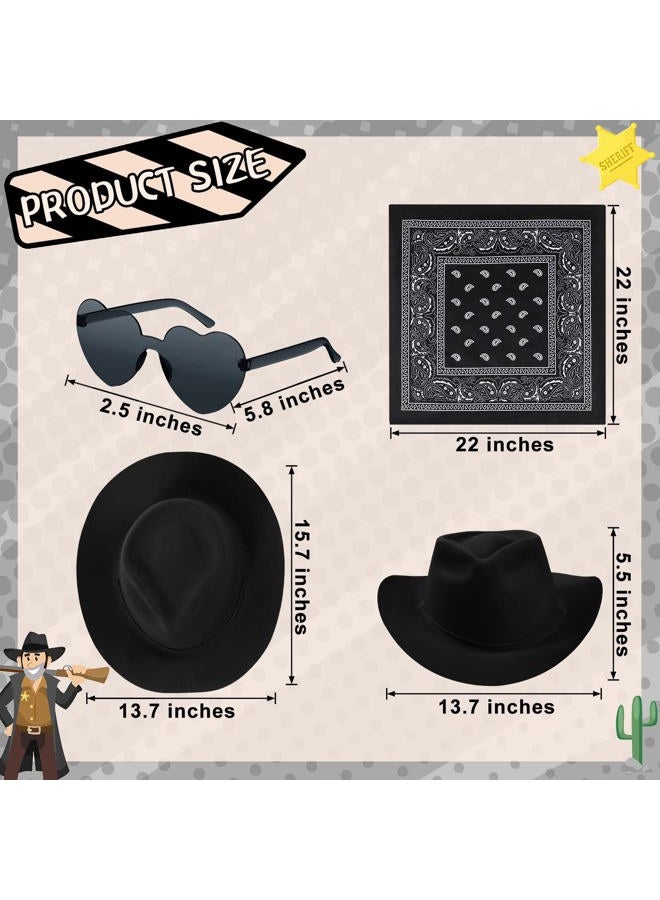 Newcotte 18 Pcs Western Cowboy Hat Set Include 6 Felt Cowgirl Hats 6 Paisley Bandanas 6 Pairs Heart Glasses for Party Costume(Black) - Image 2