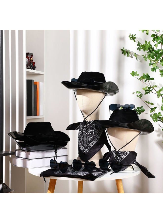 Newcotte 18 Pcs Western Cowboy Hat Set Include 6 Felt Cowgirl Hats 6 Paisley Bandanas 6 Pairs Heart Glasses for Party Costume(Black) - Image 4