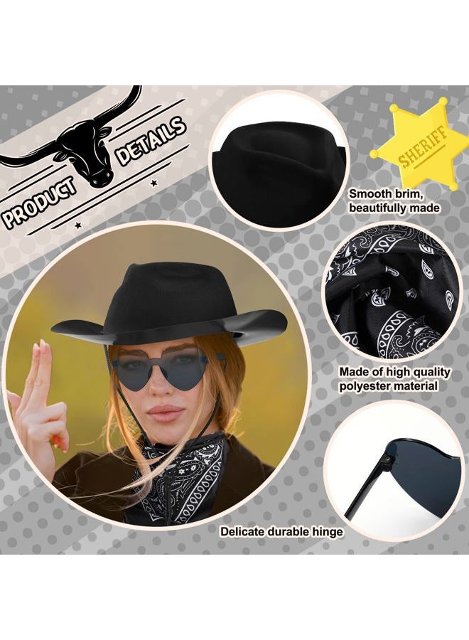 Newcotte 18 Pcs Western Cowboy Hat Set Include 6 Felt Cowgirl Hats 6 Paisley Bandanas 6 Pairs Heart Glasses for Party Costume(Black) - Image 3