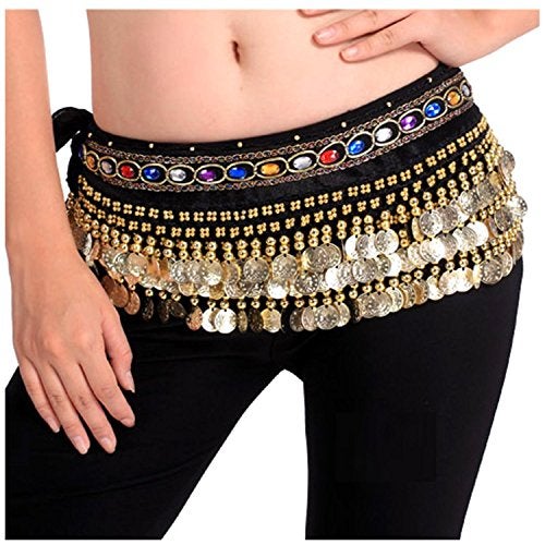 VRITRAZ Women's Velvet Belly Dance Hip Scarf Waistband Belt Skirt with Multi Color Beads and 248 Ringy Golden Coins 56 Black - Image 2
